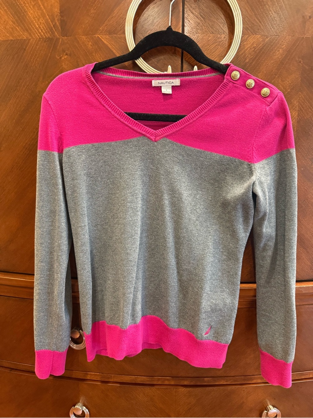 Nautica Gray and Hot Pink V-Neck Sweater with Shoulder Buttons